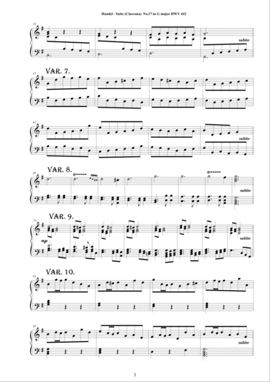 Handel - Piano Suite No.17 (Ciaccona with 62 variations) in G major HWV 442 Piano Solo scores gallery preview page 3
