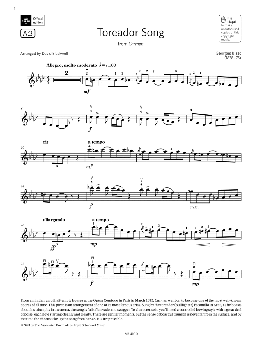 Toreador Song (Grade 6, A3, from the ABRSM Violin Syllabus from 2024) Violin Solo scores gallery preview page 1