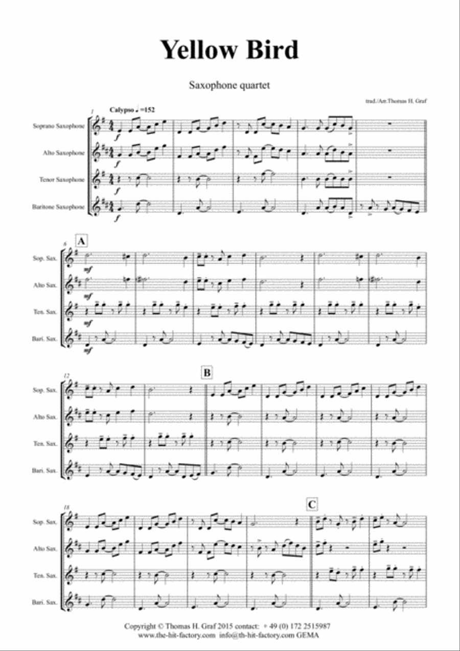 Yellow Bird - Haitian Folk Song - Calypso - Saxophone Quartet Saxophone Quartet scores gallery preview page 2