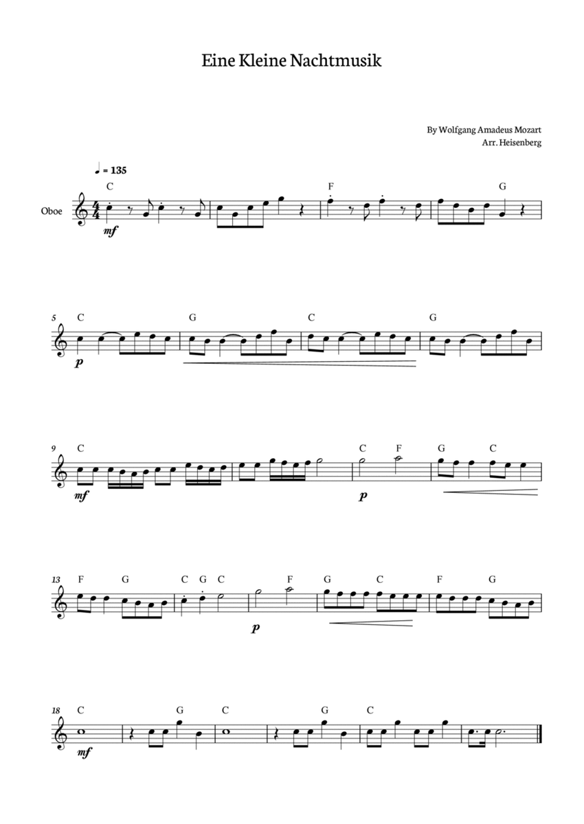 Mozart - Eine Kleine Nachtmusik for Oboe solo with chords. image number null