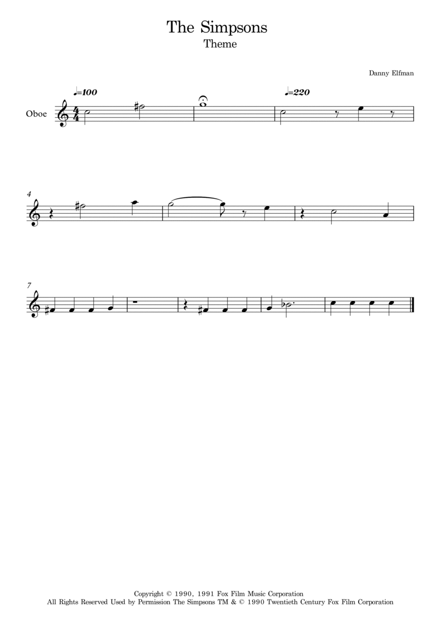 Theme From The Simpsons Oboe Solo scores gallery preview page 1
