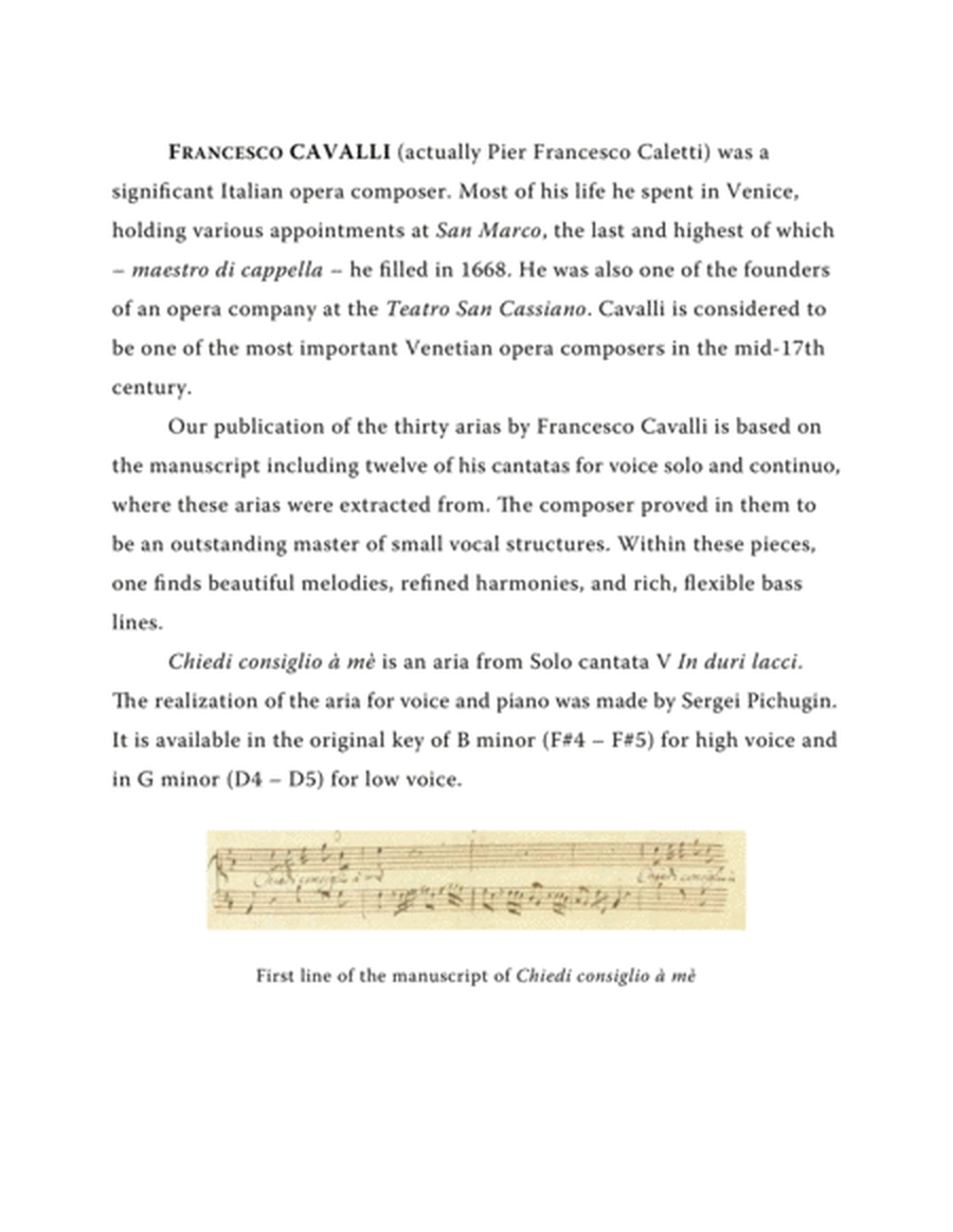 CAVALLI Francesco: Chiedi consiglio à mè, aria from the cantata, arranged for Voice and Piano (G m image number null