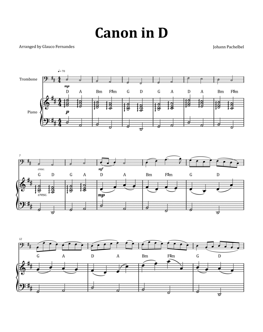 Canon by Pachelbel - Trombone & Piano and Chord Notation image number null