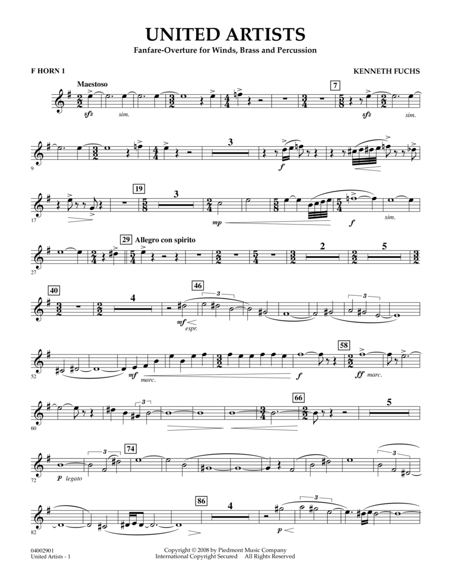 United Artists (Fanfare Overture for Winds, Brass and Percussion) - F Horn 1 Concert Band scores gallery preview page 1