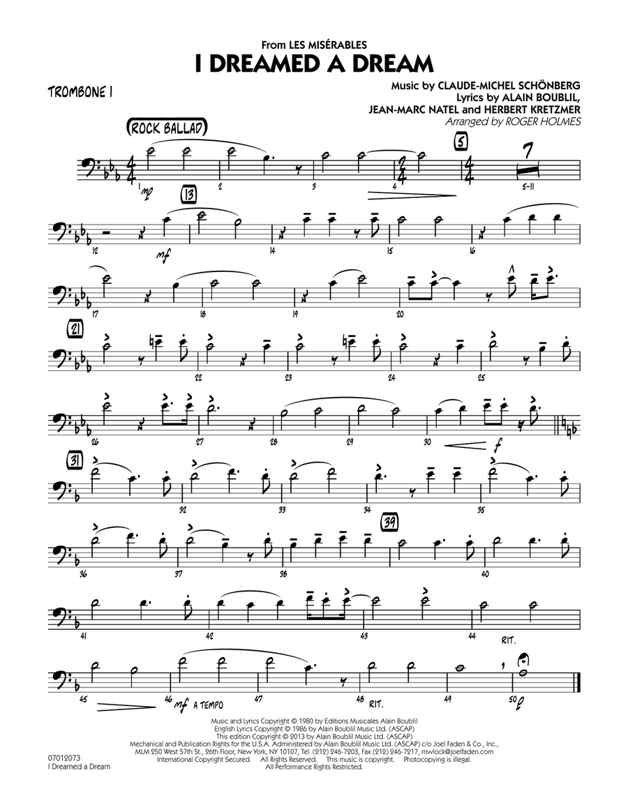 I Dreamed a Dream (from Les Miserables) - Trombone 1 Jazz Ensemble scores gallery preview page 1