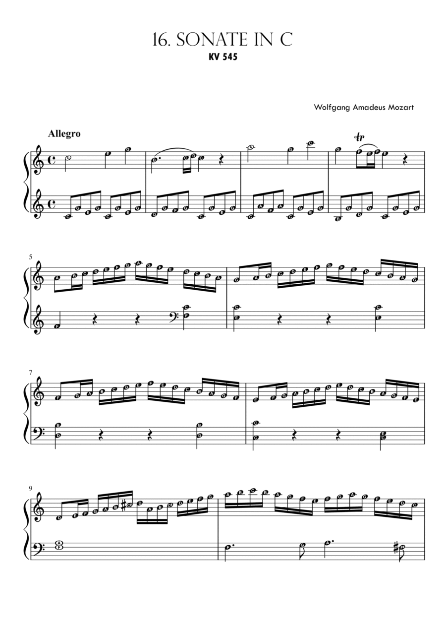 Piano Sonata No. 16 in C major K545 (1st Movt) MOZART | Solo Grade 5 with note names Piano Solo scores gallery preview page 1