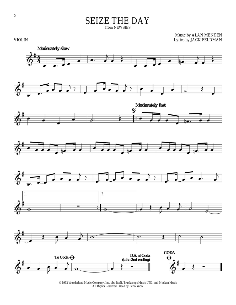 Seize The Day (from Newsies) Violin Solo scores gallery preview page 1