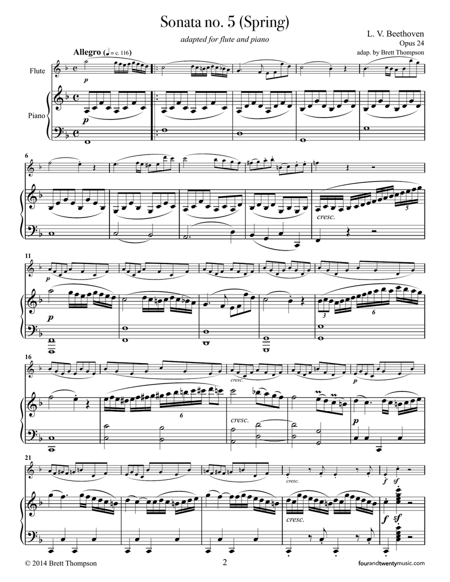 Sonata no. 5 (Spring), opus 24, adapted for flute and piano Flute Solo scores gallery preview page 2