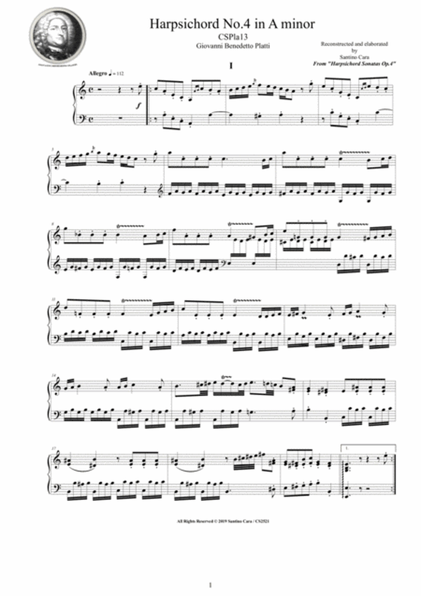 Platti - Harpsichord (or Piano) Sonata No.4 in A minor Op.4 CSPla13 image number null