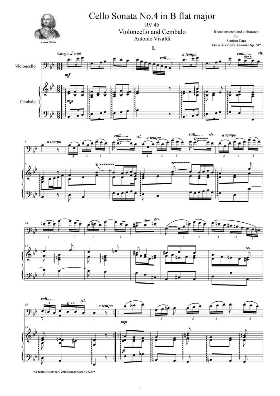 Vivaldi - Cello Sonata No.4 in B flat Op.14 RV 45 for Cello and Cembalo (or Piano) String Duet scores gallery preview page 1