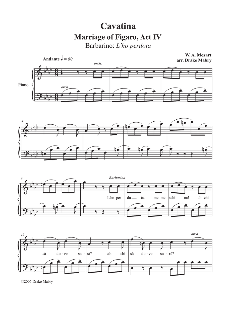 Mozart - Cavatina from The Marriage of Figaro Easy Piano scores gallery preview page 1