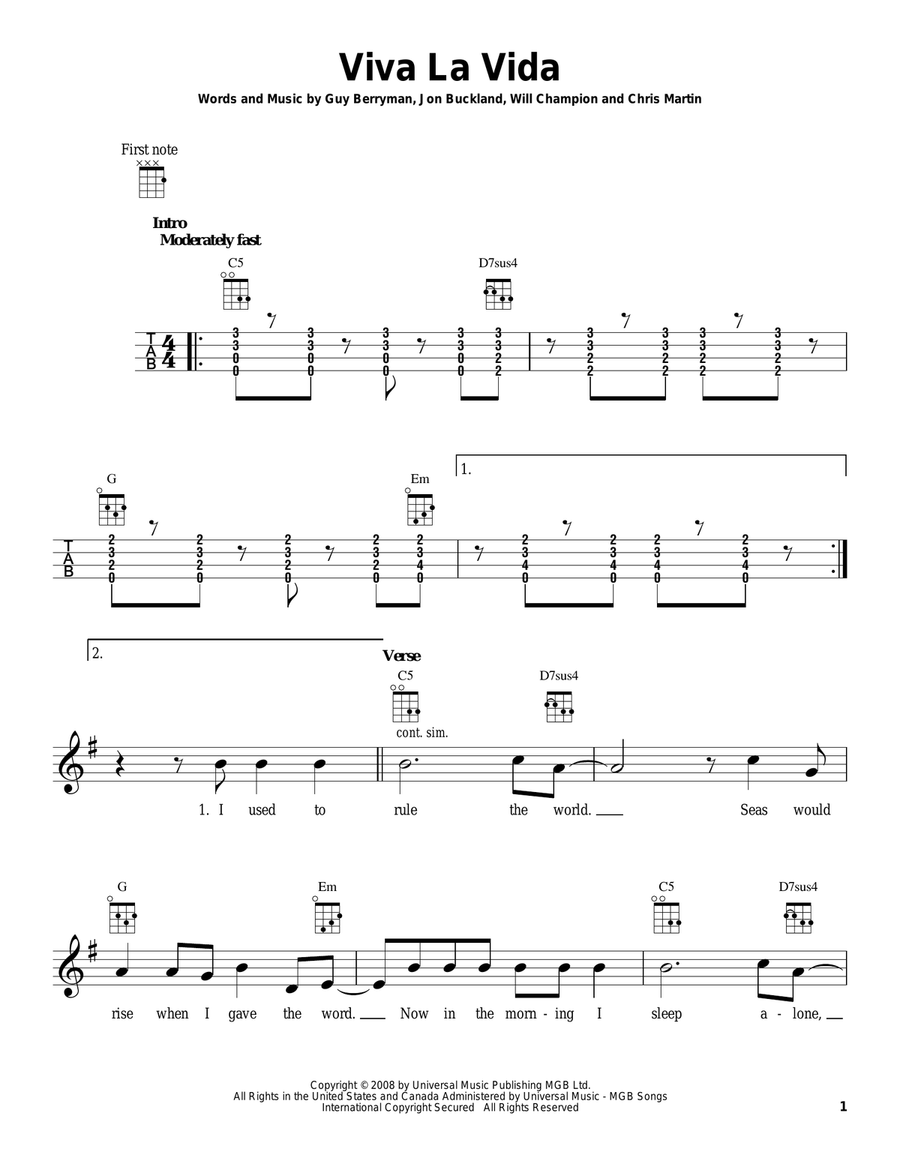 Viva La Vida Ukulele scores gallery preview page 1