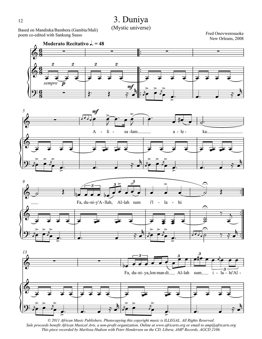 Twelve African Songs for Solo Voice and Piano - 3. DUNIYA (Mystic Universe) Voice Solo scores gallery preview page 1