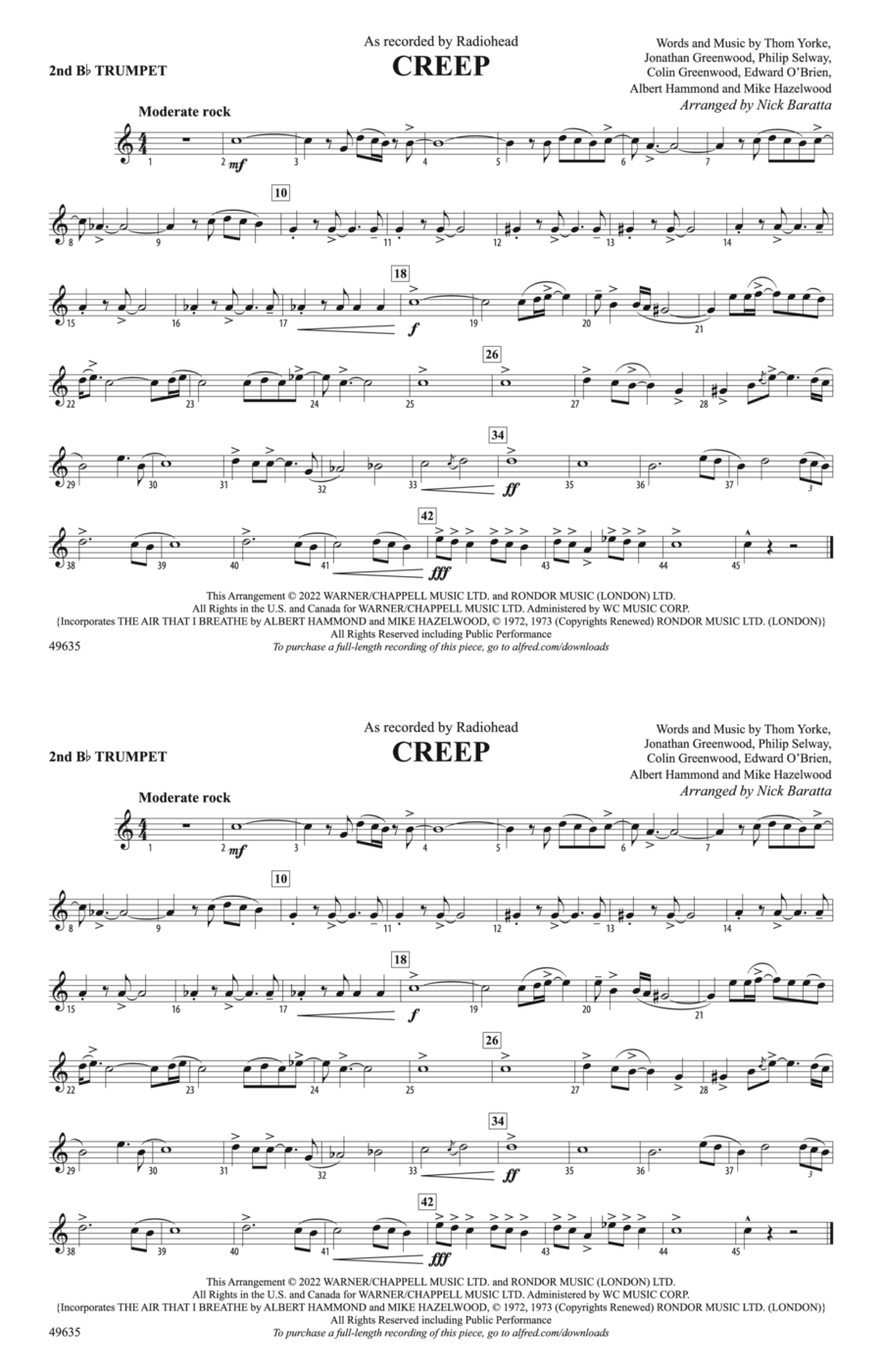 Creep: 2nd B-flat Trumpet Marching Band scores gallery preview page 1