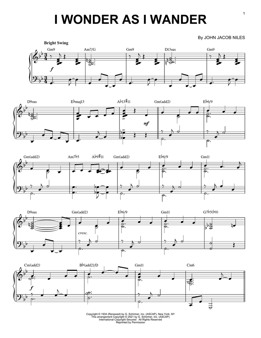 I Wonder As I Wander [Jazz version] (arr. Brent Edstrom) Piano Solo scores gallery preview page 1