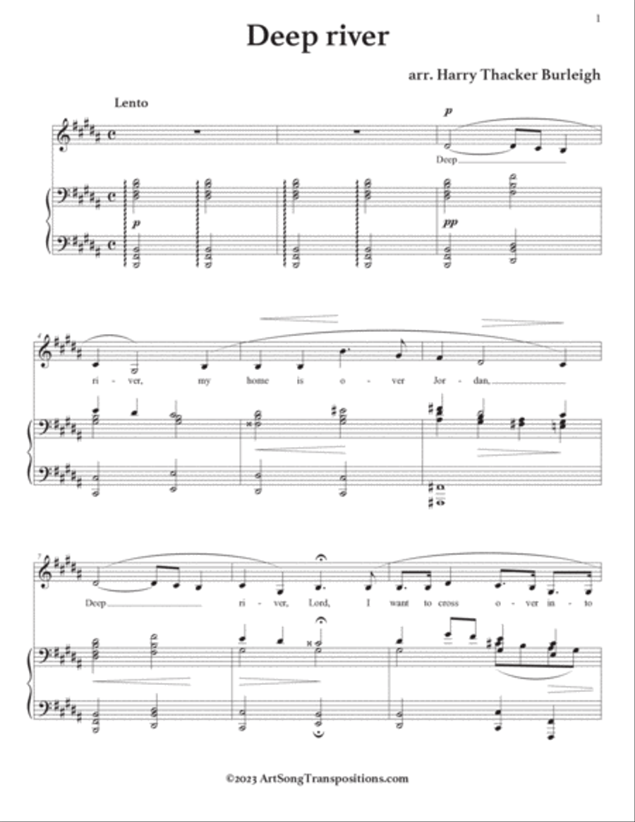 BURLEIGH: Deep river (transposed to C major, B major, and B-flat major) Voice scores gallery preview page 6