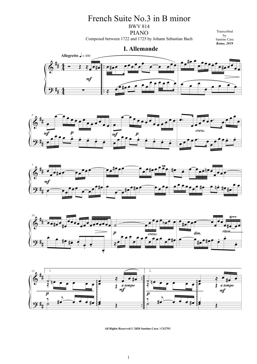 Bach - French Suite No.3 in B minor BWV 814 for Piano Piano Solo scores gallery preview page 1