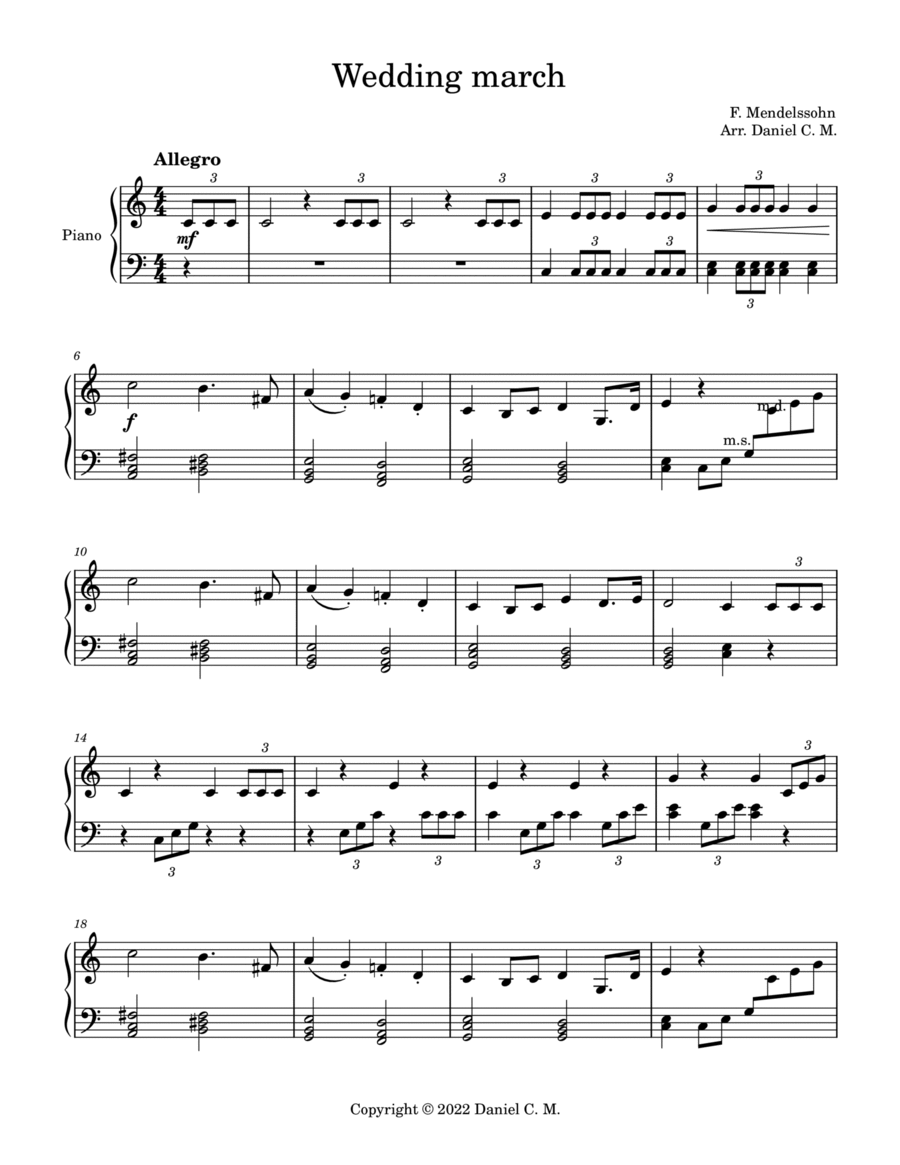 Wedding march by Mendelssohn for piano (easy) Easy Piano scores gallery preview page 1