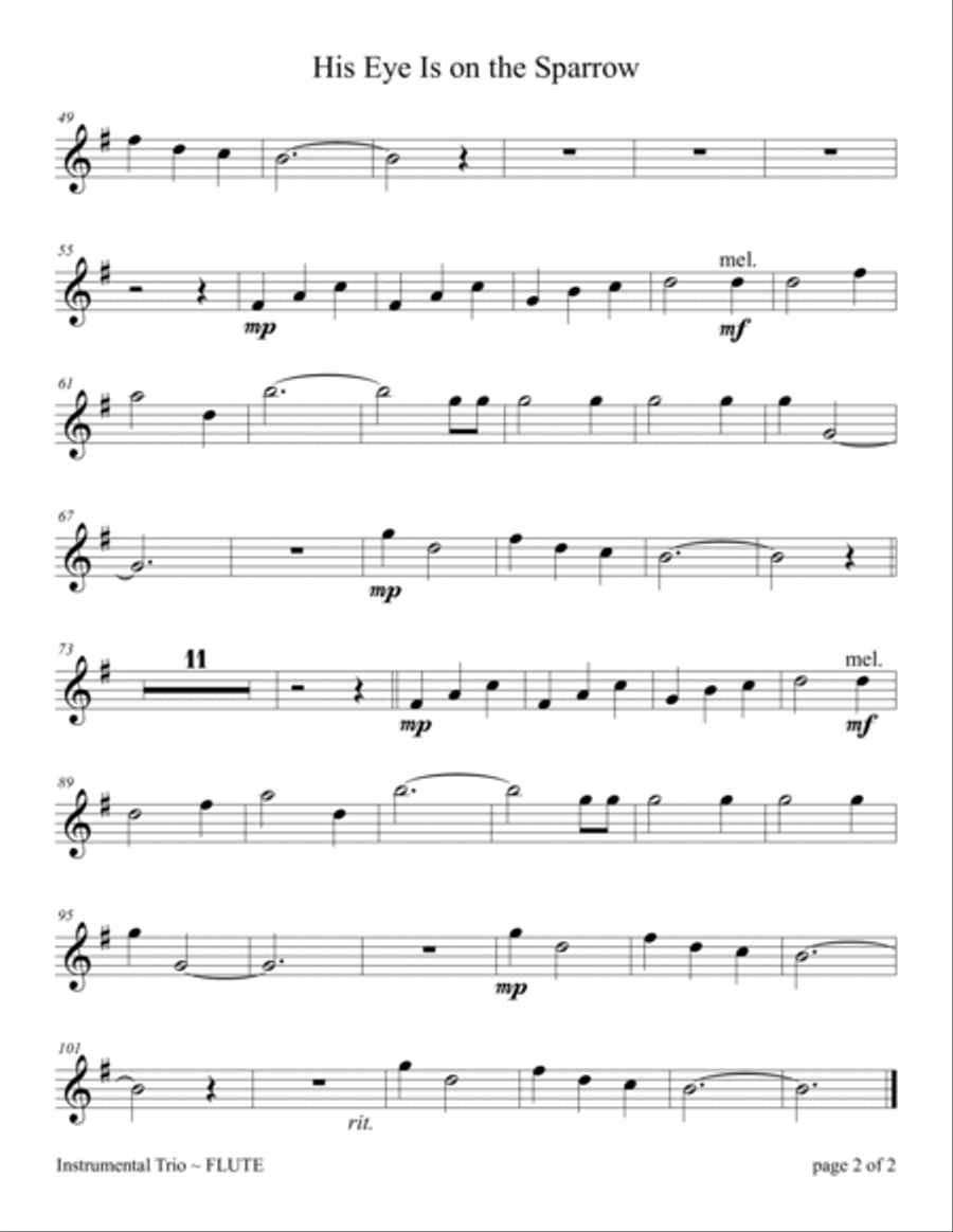 His Eye Is on the Sparrow (for Flute and Violin Duet with Piano accompaniment) Flute scores gallery preview page 2