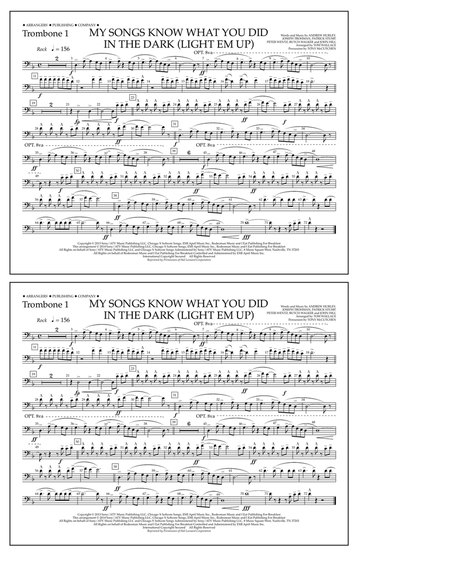 My Songs Know What You Did in the Dark (Light 'Em Up) - Trombone 1 Marching Band scores gallery preview page 1