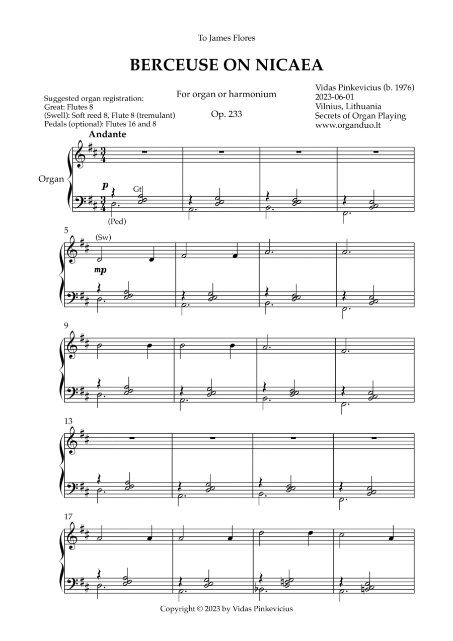 Berceuse on Nicaea, Op. 233 (Organ Solo) by Vidas Pinkevicius Organ Solo scores gallery preview page 1