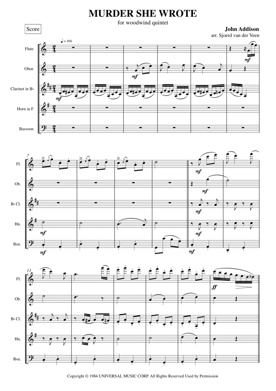 Murder, She Wrote Woodwind Quintet scores gallery preview page 1