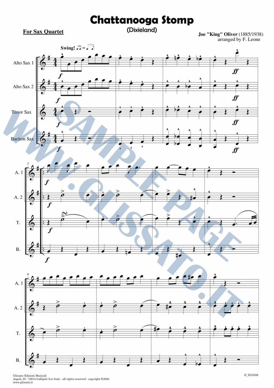 Saxophone Quartet arrangement: Chattanooga Stomp (score & parts) Saxophone Quartet scores gallery preview page 1