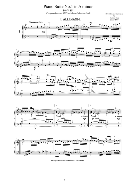 Bach - Piano Suite No.1 in A minor BWV 818 - Complete Piano version image number null