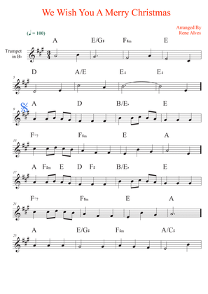 We Wish You A Merry Christmas, sheet music and trumpet melody in Bb for the beginning musician (easy