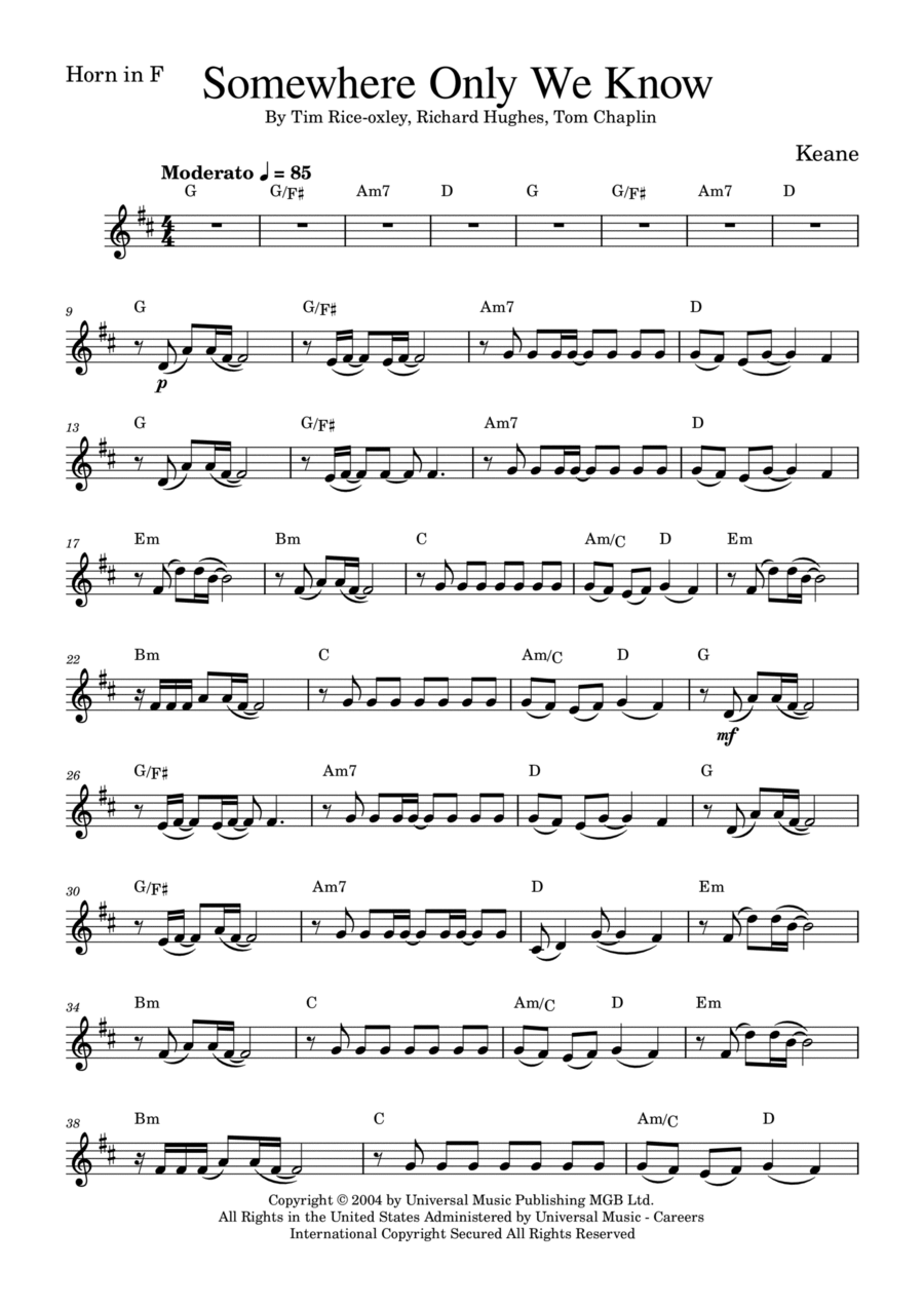 Somewhere Only We Know Horn Solo scores gallery preview page 1