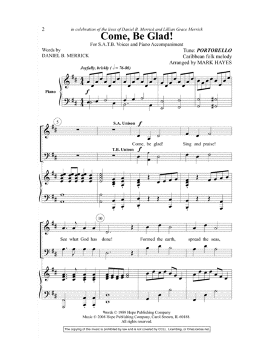 Come, Be Glad Come, Be Glad 4-Part scores gallery preview page 2