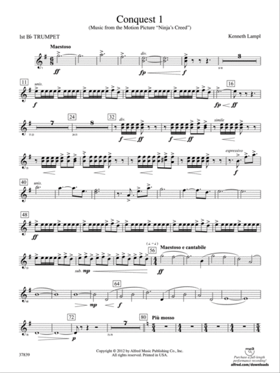 Conquest 1 (from the motion picture Ninja's Creed): 1st B-flat Trumpet Concert Band scores gallery preview page 1