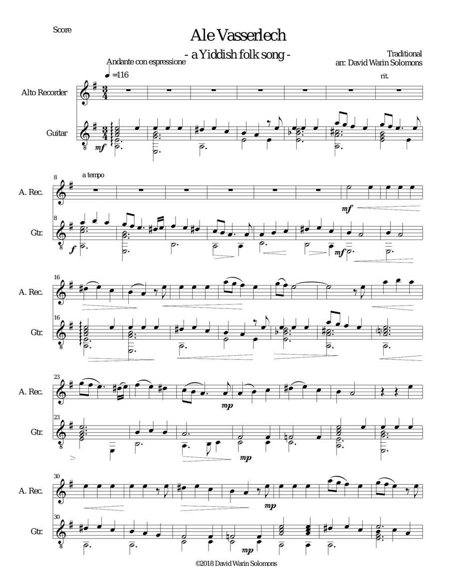 Ale vasserlech (All the waters flow away) for alto recorder and guitar Alto Recorder scores gallery preview page 1