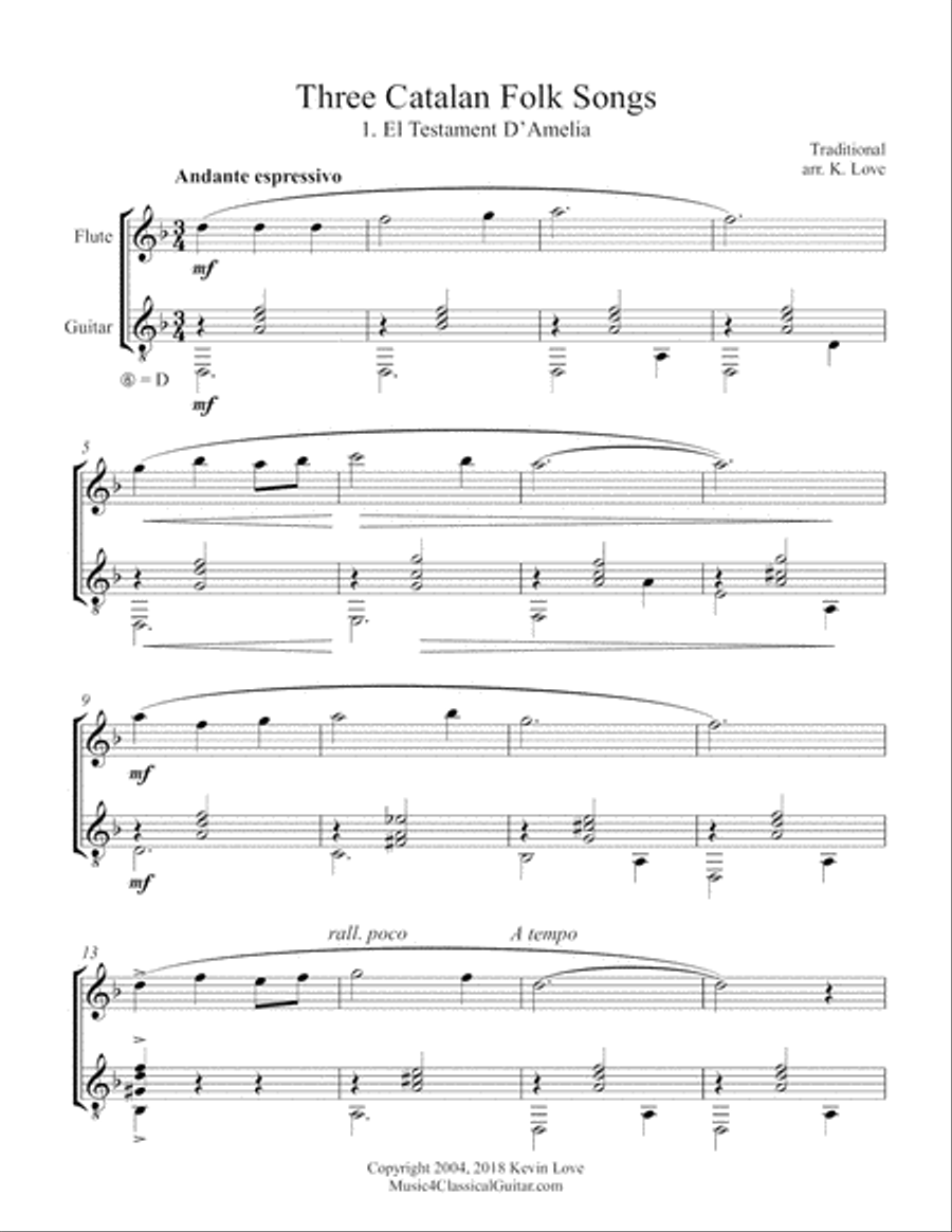 Three Catalan Folk Songs (Flute and Guitar) - Score and Parts Flute scores gallery preview page 1