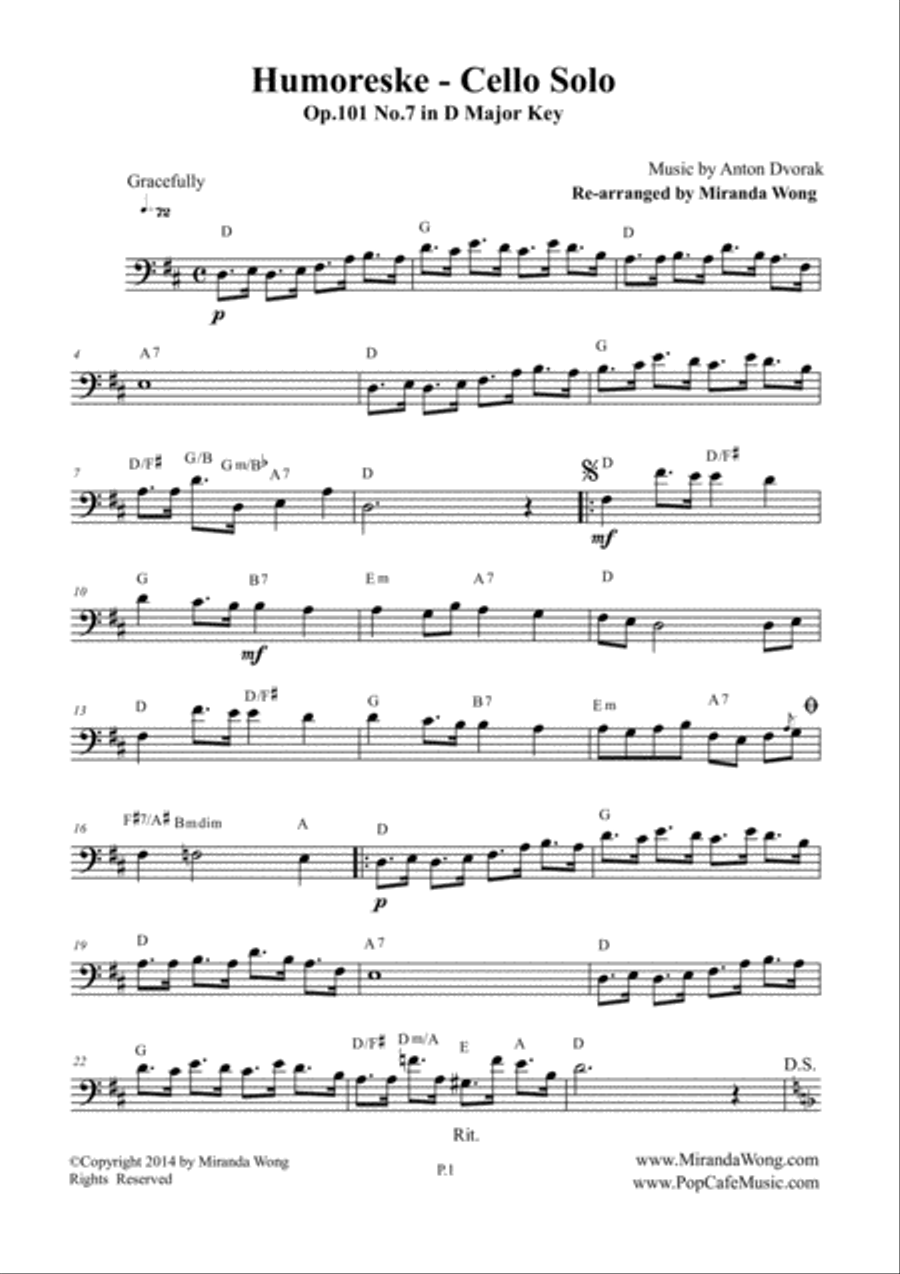 Humoreske Op.101 No.7 - Lead Sheet for Cello Solo (Bass Clef) Cello Solo scores gallery preview page 2