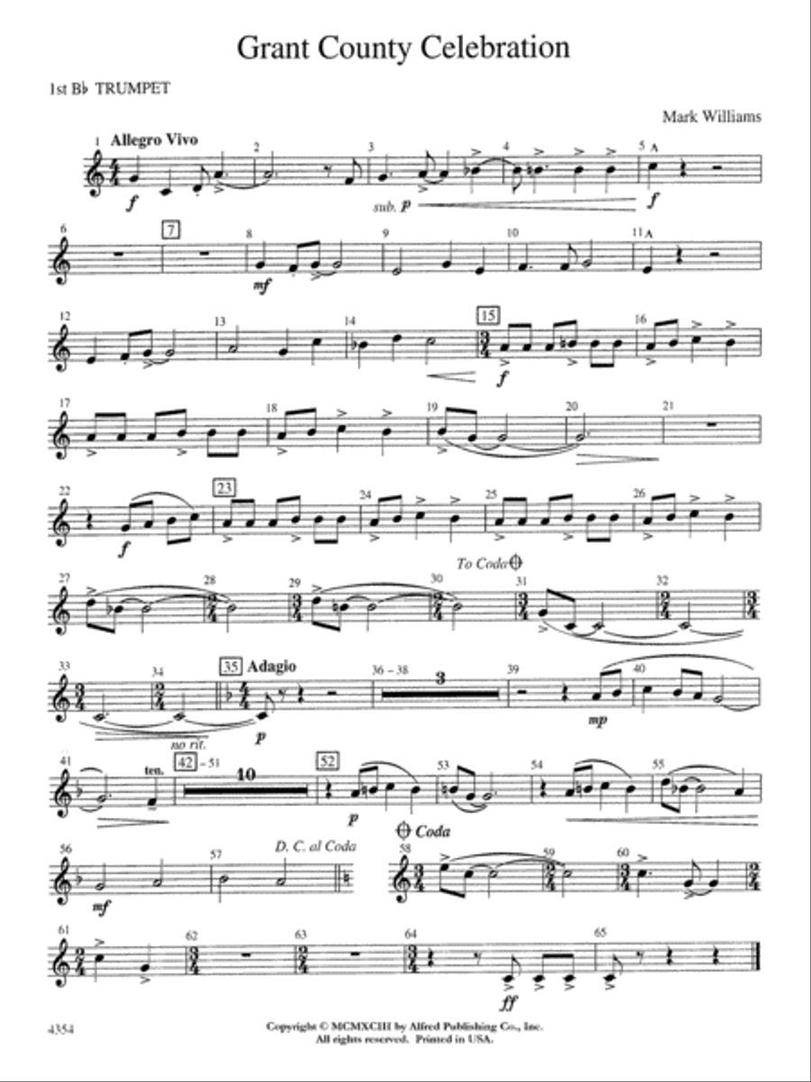Grant County Celebration: 1st B-flat Trumpet Concert Band scores gallery preview page 1