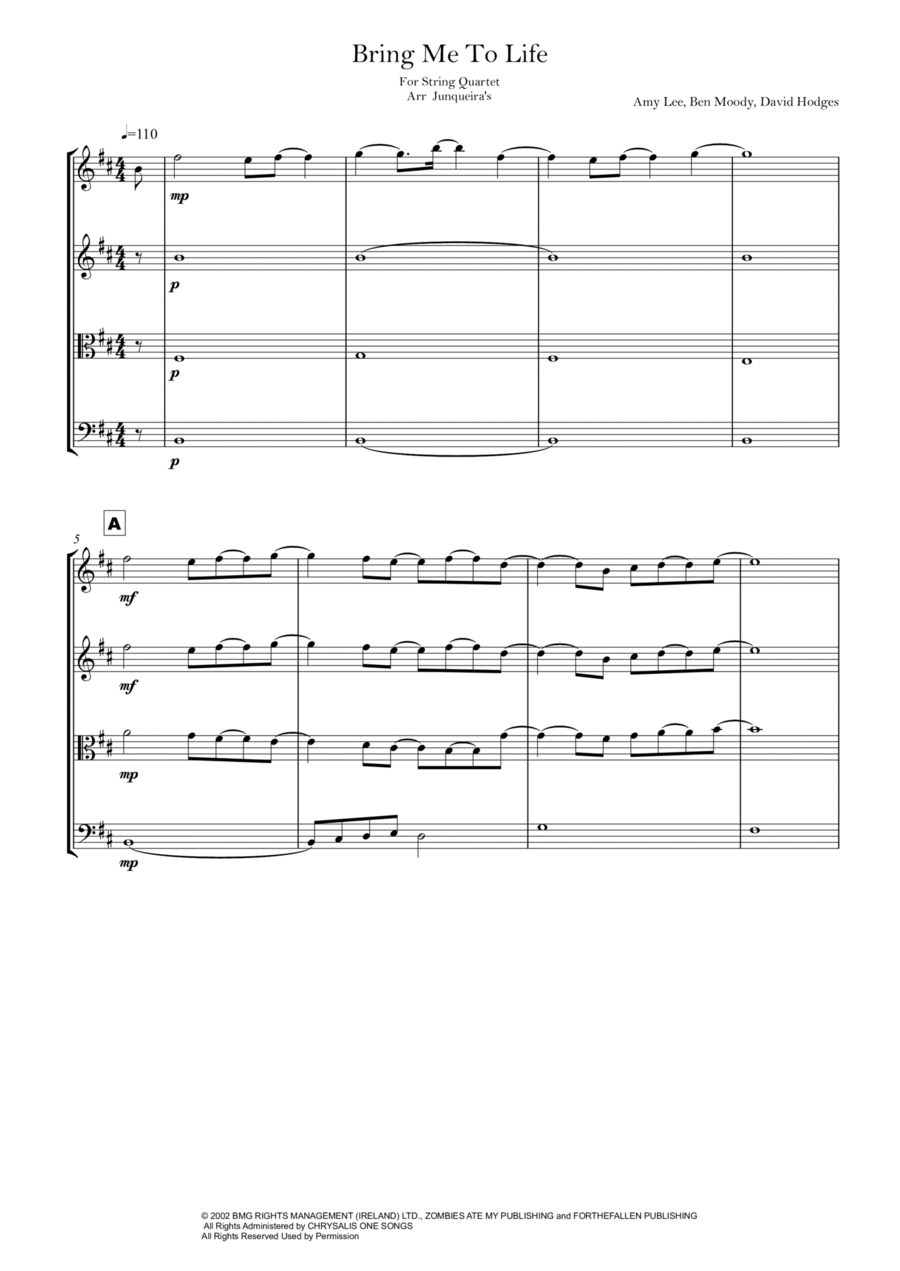 Bring Me To Life String Quartet scores gallery preview page 1