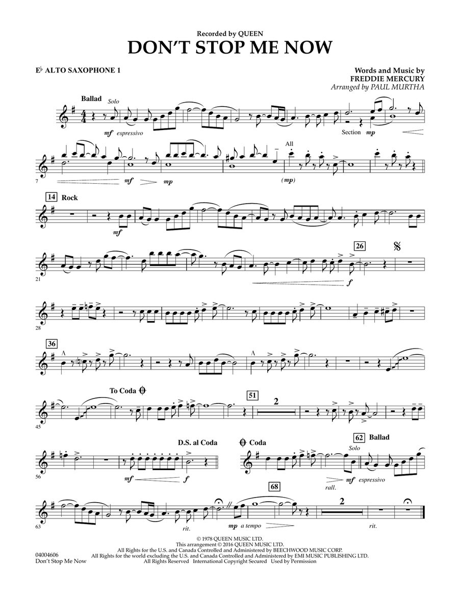 Don't Stop Me Now - Eb Alto Saxophone 1 Concert Band scores gallery preview page 1