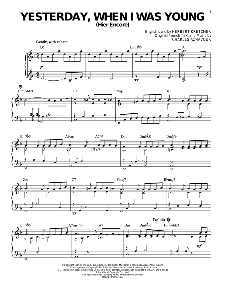 Yesterday, When I Was Young (Hier Encore) [Jazz version] (arr. Brent Edstrom) Piano Solo scores gallery preview page 1