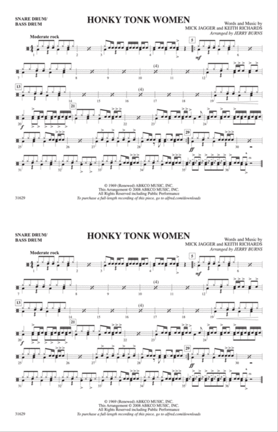 Honky Tonk Women: Snare Drum/Bass Drum Marching Band scores gallery preview page 1