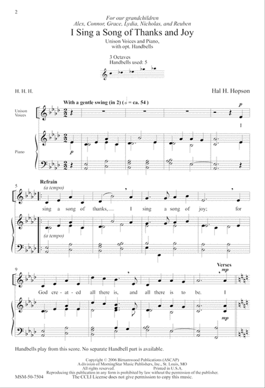 I Sing a Song of Thanks and Joy Unison Choir scores gallery preview page 2