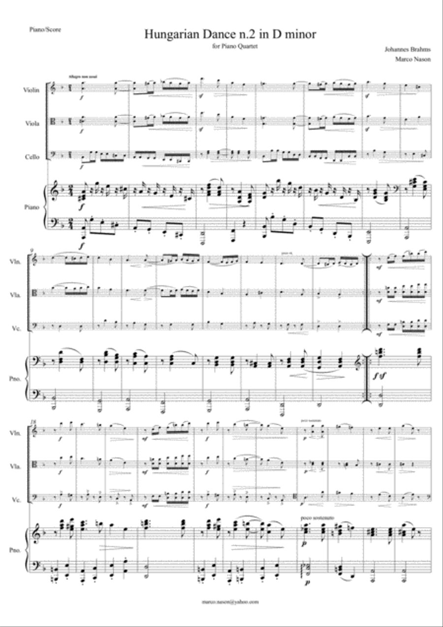 Brahms - Hungarian Dance n.2 in D minor for Piano Quartet Piano Quartet scores gallery preview page 1