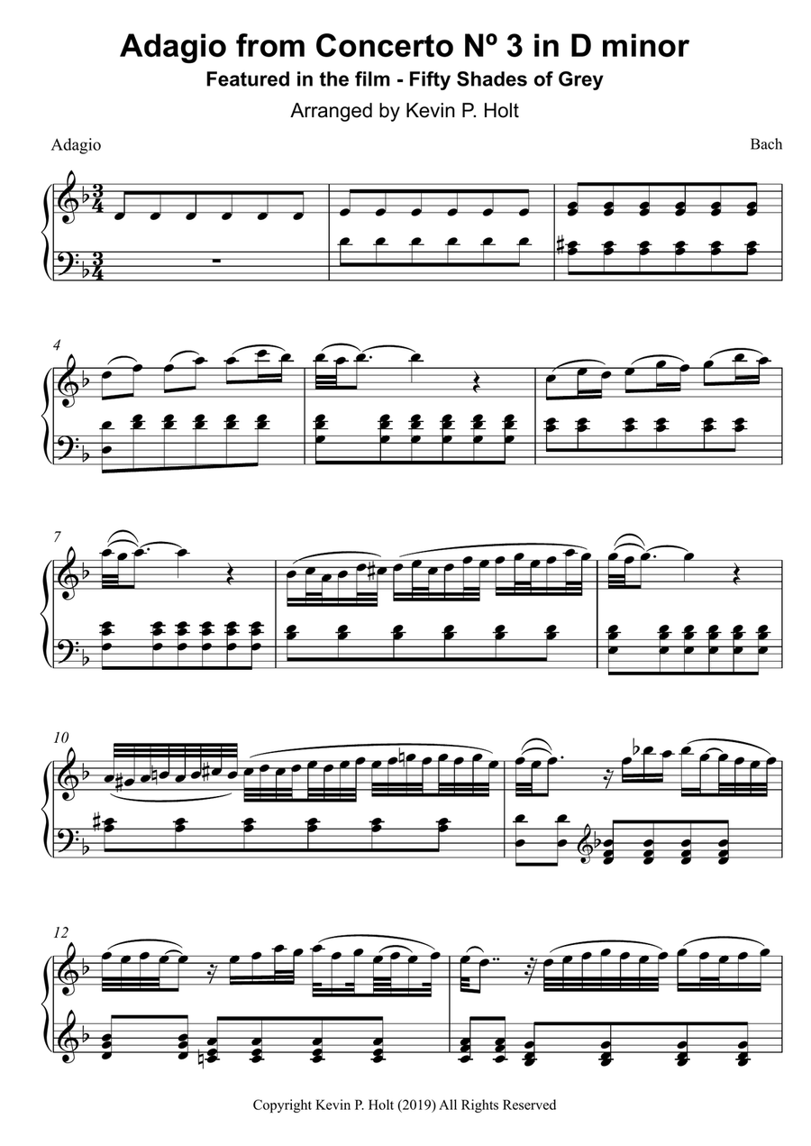 Bach - Adagio from Concerto Nº 3 in D minor - Fifty Shades of Grey Piano Solo scores gallery preview page 1