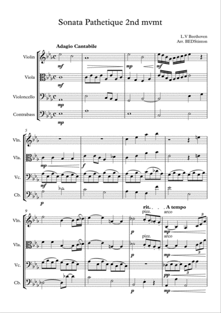 Sonata 'Pathetique' 2nd movement String Quartet scores gallery preview page 1