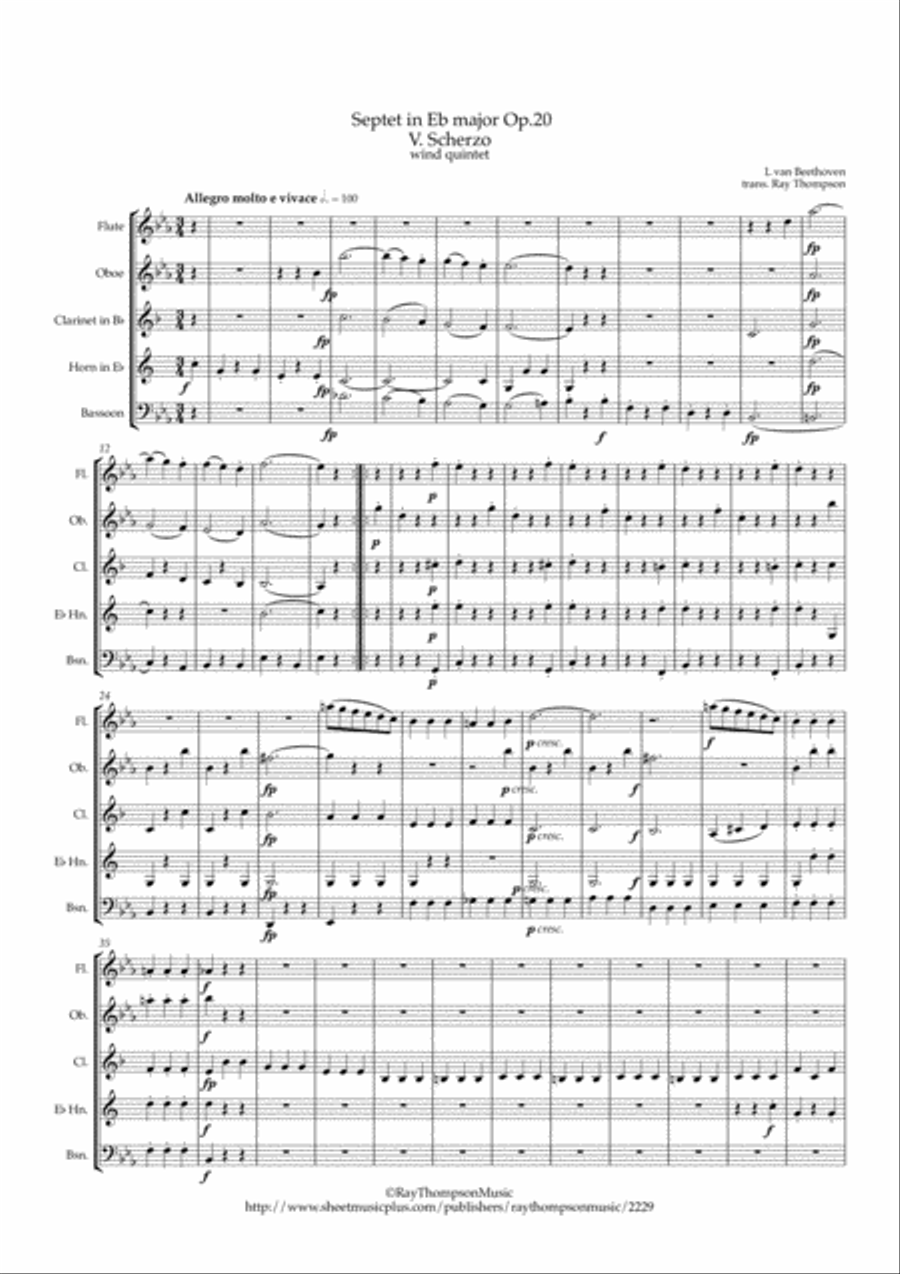 Beethoven: Septet in Eb major Op.20 Mvt.V Scherzo - wind quintet Woodwind Quintet scores gallery preview page 2