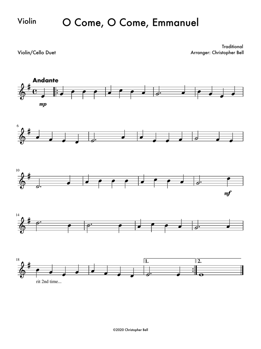 O Come, O Come, Emmanuel - Easy Violin/Cello Duet String Duet scores gallery preview page 2