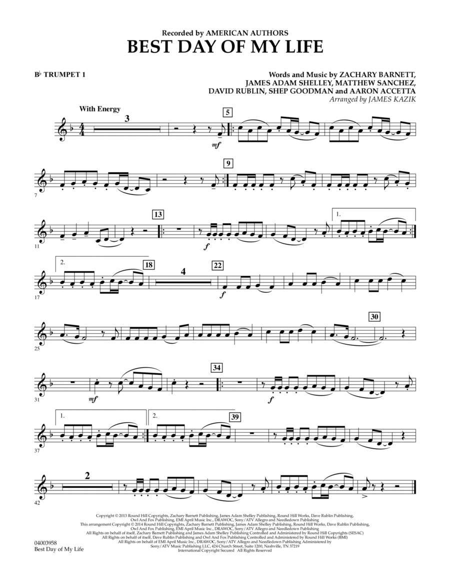 Best Day of My Life - Bb Trumpet 1 Concert Band scores gallery preview page 1