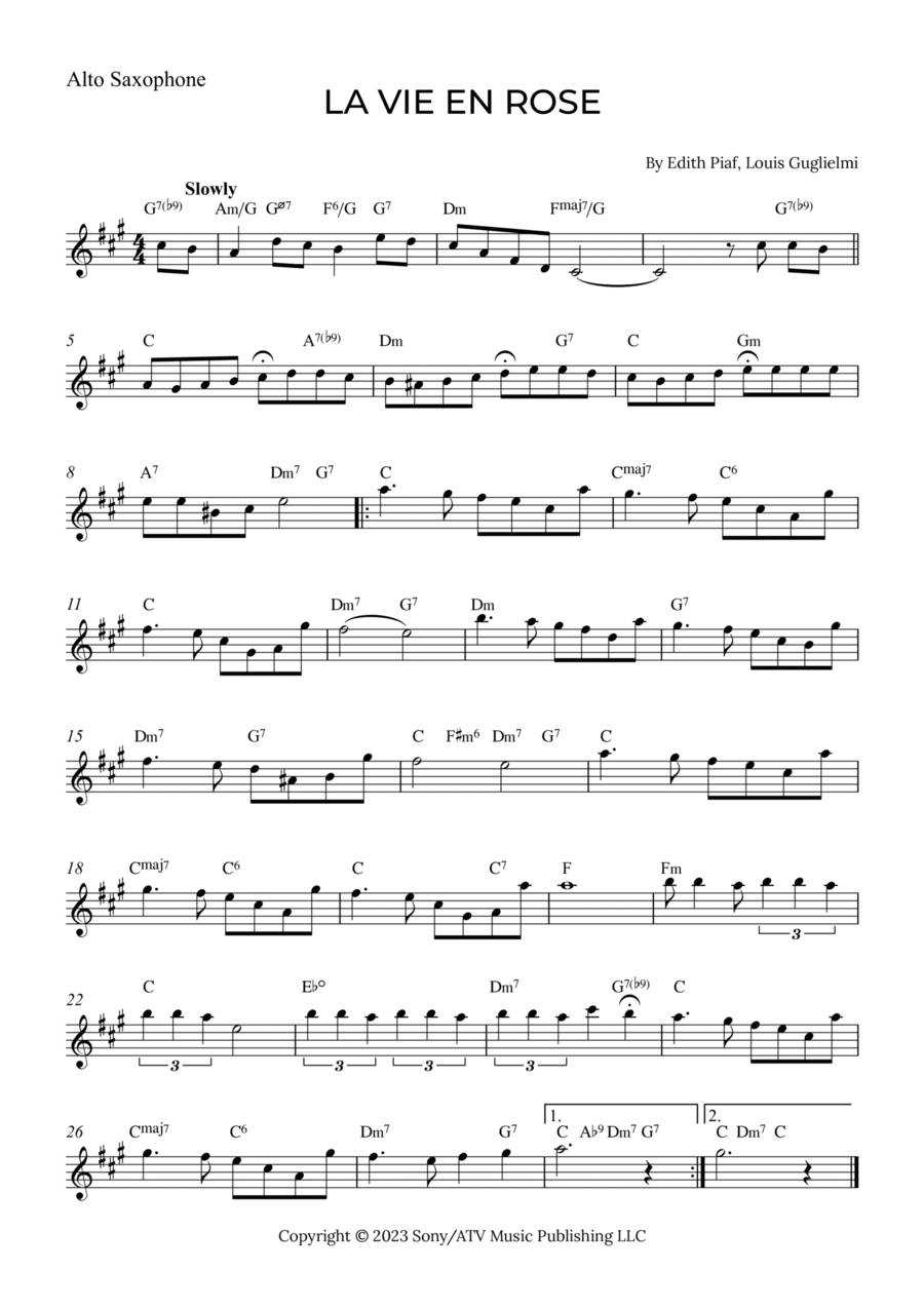 La Vie En Rose La Vie En Rose Alto Saxophone scores gallery preview page 1