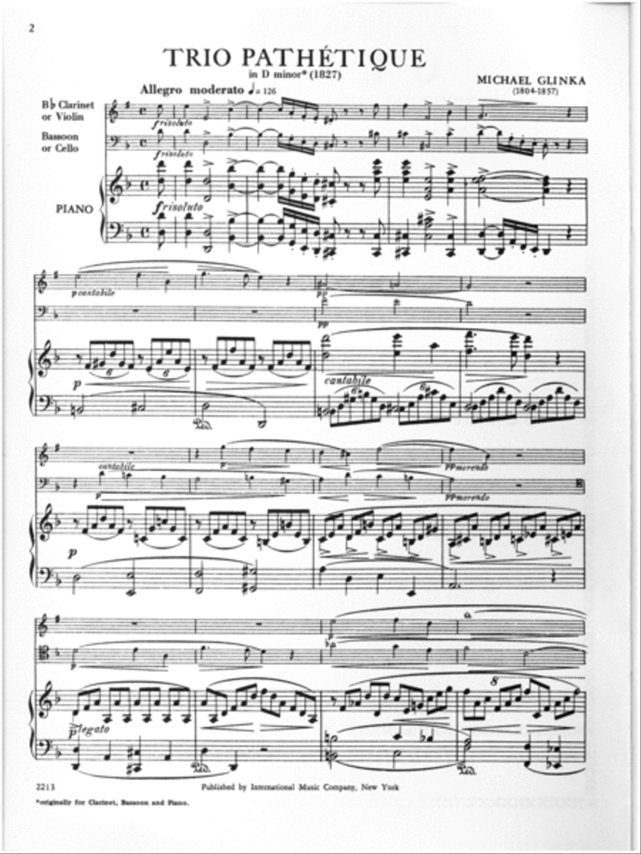 Trio Pathetique In D Minor For Clarinet, Bassoon & Piano (Or Violin, Cello & Piano)