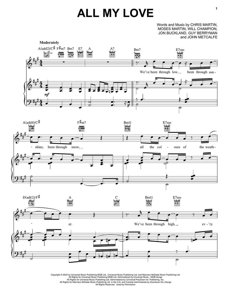 All My Love Piano, Vocal, Guitar scores gallery preview page 1